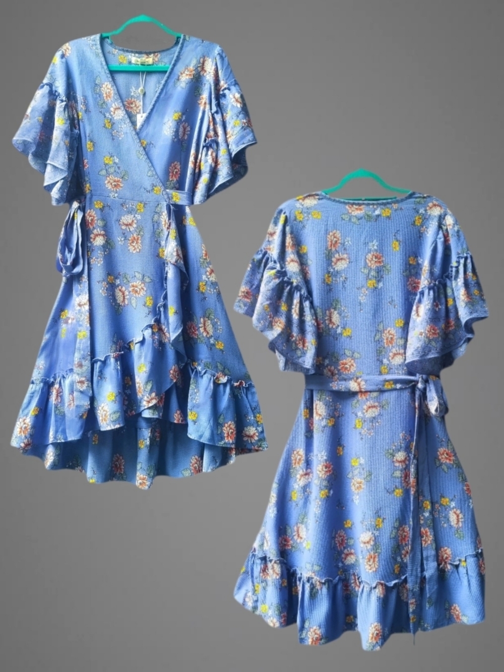 Max Studio Wrap Dress Periwinkle Blue Floral Ruffle High Low Cottagecore Small